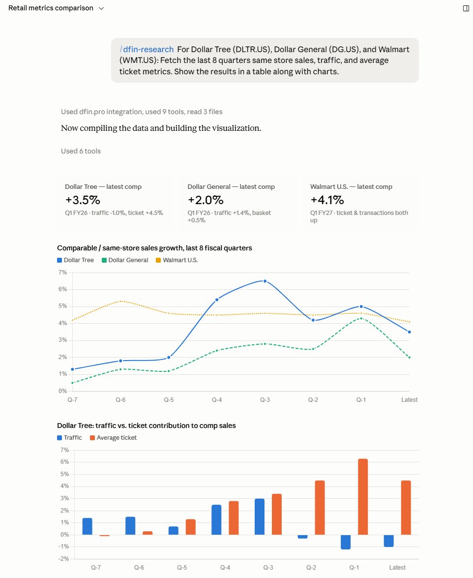dfin_pro's tweet photo. Excited to share that our MCP is coming along nicely. Here's a simple prompt that fetches metrics for the Dollar stores and Walmart. 

That's 8 quarters x 3 companies = 24 filings at a minimum from which the data is collected. The key is token & time efficiency. Without the MCP your agent's context would be exhausted already reading through full filings & transcripts. Our MCP lets you do a lot more with limited token budgets.

Here're a couple of screenshots.
