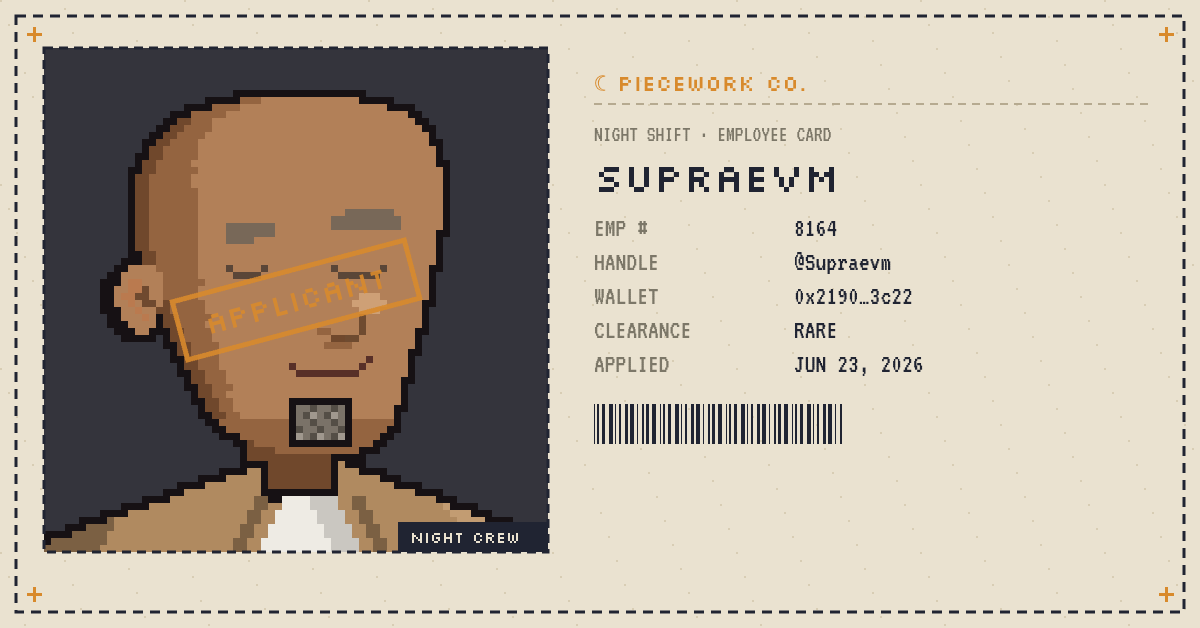 supraEVM's tweet photo. Giveaway Time.....

I'll also be giving away 15 GTD spots for PIECE WORK

How to join:
- Follow  @supraevm &amp; @PIECEWORKNFT

- Like &amp; rt this post

- comment your eth wallet

Ends in 24hrs. Good luck https://t.co/QKLAEAO8Mw
