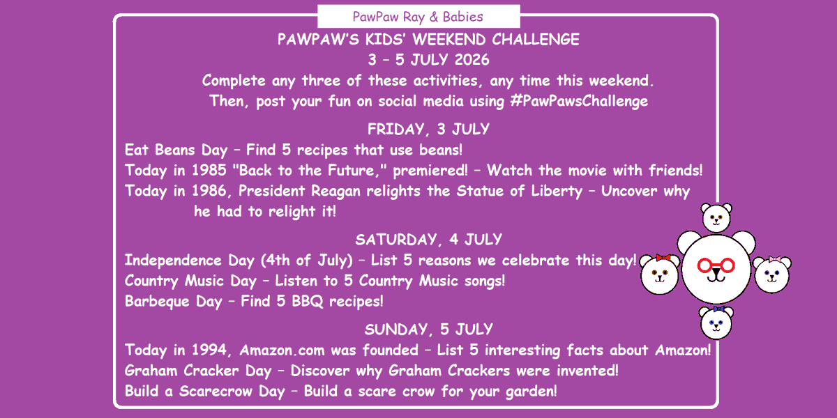 pawpaw_ray's tweet photo. 🐻PawPaw's Kids Weekend Challenge🐻
3 ��� 5 July
⭐️Try any 3 #kids activities, anytime this #weekend ⭐️
Then, post about your #fun using #PawPawsChallenge
#Dads & #Moms ideas for #parenting and #learning!
(Alternative to dangerous social media challenges) https://t.co/EtRgdmaHMh