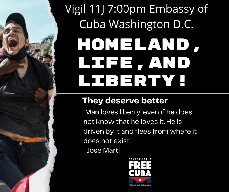 LibertarianVlog's tweet photo. Este 11 de julio a las 7:00 PM nos plantamos frente a la Embajada de Cuba en Washington, D.C. para conmemorar las históricas protestas del #11J y exigir la libertad inmediata de todos los presos políticos cubanos. 

​🇨🇺 Patria, Vida y Libertad. https://t.co/fiWtneXZOt