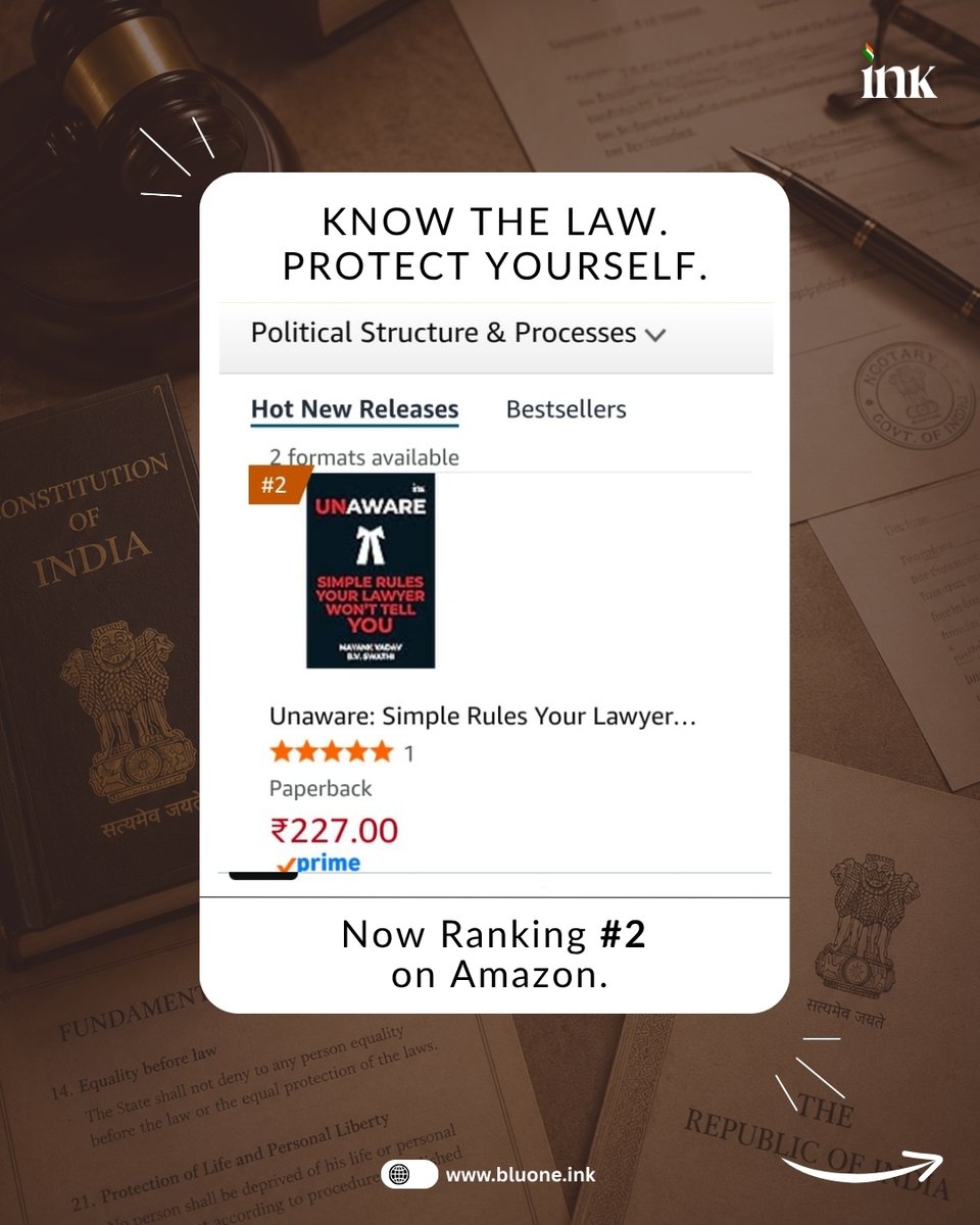 BluOneInk's tweet photo. Know the law before life tests you.

Unaware: Simple Rules Your Lawyer Won't Tell You by B.V. Swathi & Mayank Yadav makes everyday legal rights simple, practical, and accessible for every Indian. 
Now ranked #2 on Amazon Hot New Releases. A must-read for anyone who believes knowledge is the best protection.

#BookRecommendation #LegalAwareness #MustRead #AmazonHotNewReleases