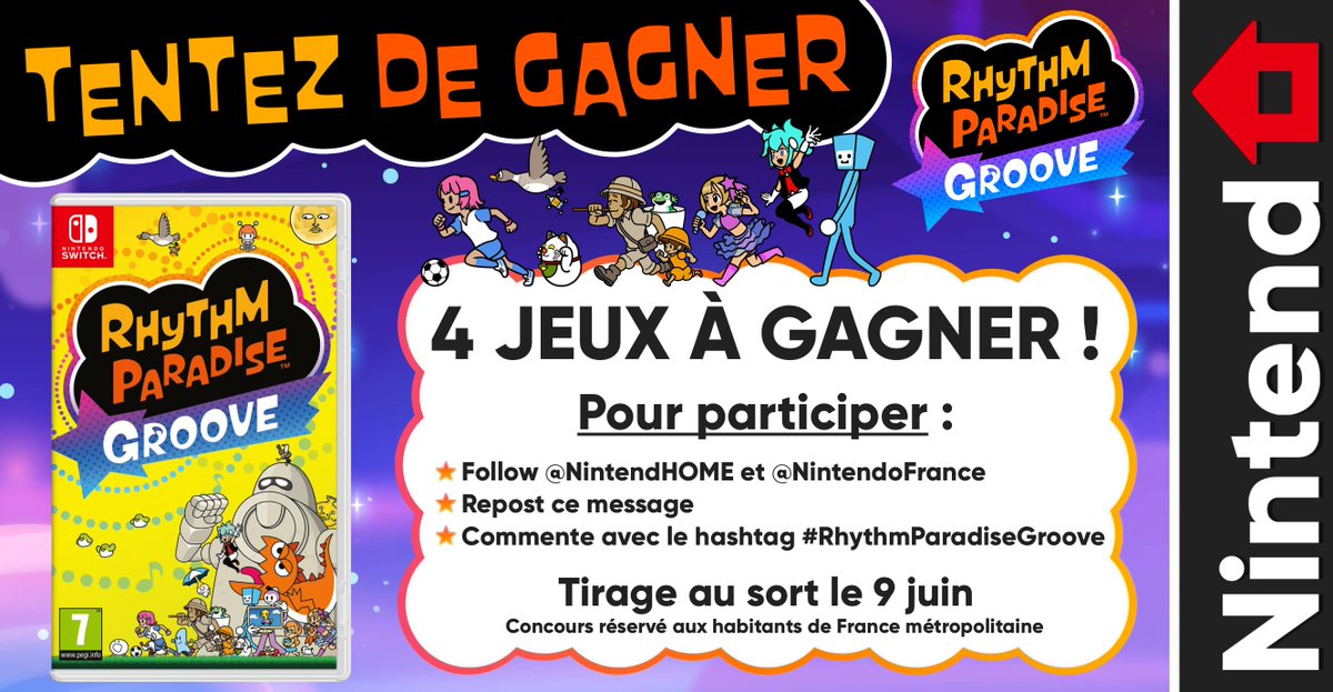 NintendHOME's tweet photo. 🎁 Concours – Tentez de gagner Rhythm Paradise Groove sur Nintendo Switch et gardez le rythme en toute circonstance !

🔄 Repost + Follow @NintendHOME et @NintendoFrance
#️⃣ Commente avec le hashtag #RhythmParadiseGroove
📅 Tirage au sort le 09/07 (4 gagnants) https://t.co/0LNqaC0a0M