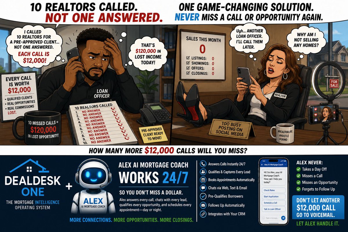 CorpMKG's tweet photo. The Hidden Cost of Not Answering Your Phone 📞

In today’s market, many loan officers call 10 Realtors before someone answers.

It’s not always about inventory—it’s about responsiveness.

DealDesk One + Alex AI Mortgage Coach works 24/7 

$0 to join.

https://t.co/wnsx5HdNNj https://t.co/qbjBazX7ba