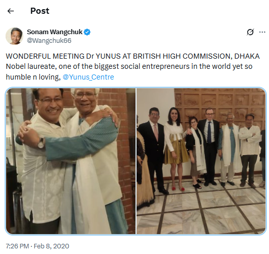 IndiaCrooks's tweet photo. It's indeed photo from 2020 but still relevant as it shows #AntiNational #SonamWangchuk's close-ties with #Bangladesh monster #MuhammadYunus who presided over massive atrocities against Hindus and Wangchuk remained silent.
Mr @Wangchuk66 Why such #Yaarana with #EnemiesOfIndia?ЁЯджтАНтЩВя╕П https://t.co/DDWEYApWvR