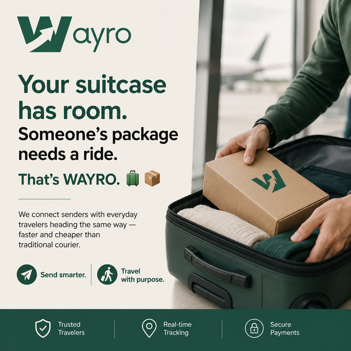 wayroapp's tweet photo. Your suitcase has room. Someone's package needs a ride. That's WAYRO.
We connect senders with everyday travelers heading the same way - faster & cheaper than traditional courier
https://t.co/TXmpJ7OsQu
Send smarter. Travel with purpose.
#Wayro #SmartDelivery #Nigeria #ZentrixLab https://t.co/SbJuKFTB3R