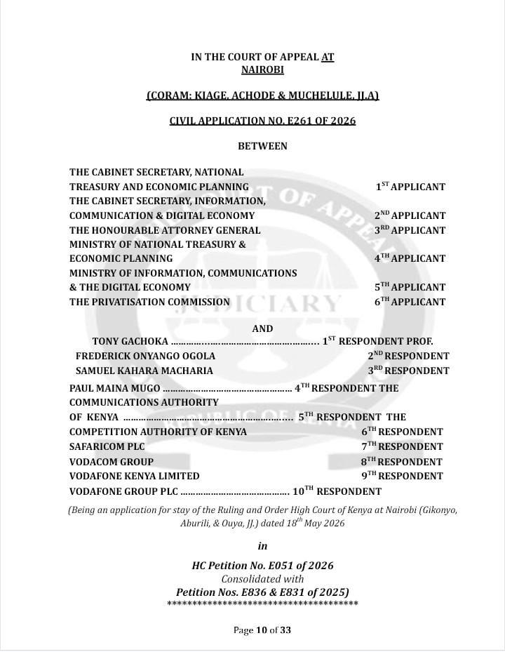 OduorACaroline's tweet photo. In Cabinet Secretary, National Treasury & 5 Others v Tony Gachoka & 9 Others**, **Civil Application No. E261 of 2026, the Court of Appeal held that conservatory orders are not immune from appellate intervention.

Where an interlocutory conservatory order occasions demonstrable prejudice to the public interest, including substantial fiscal and economic consequences, the Court may stay it under Rule 5(2)(b).