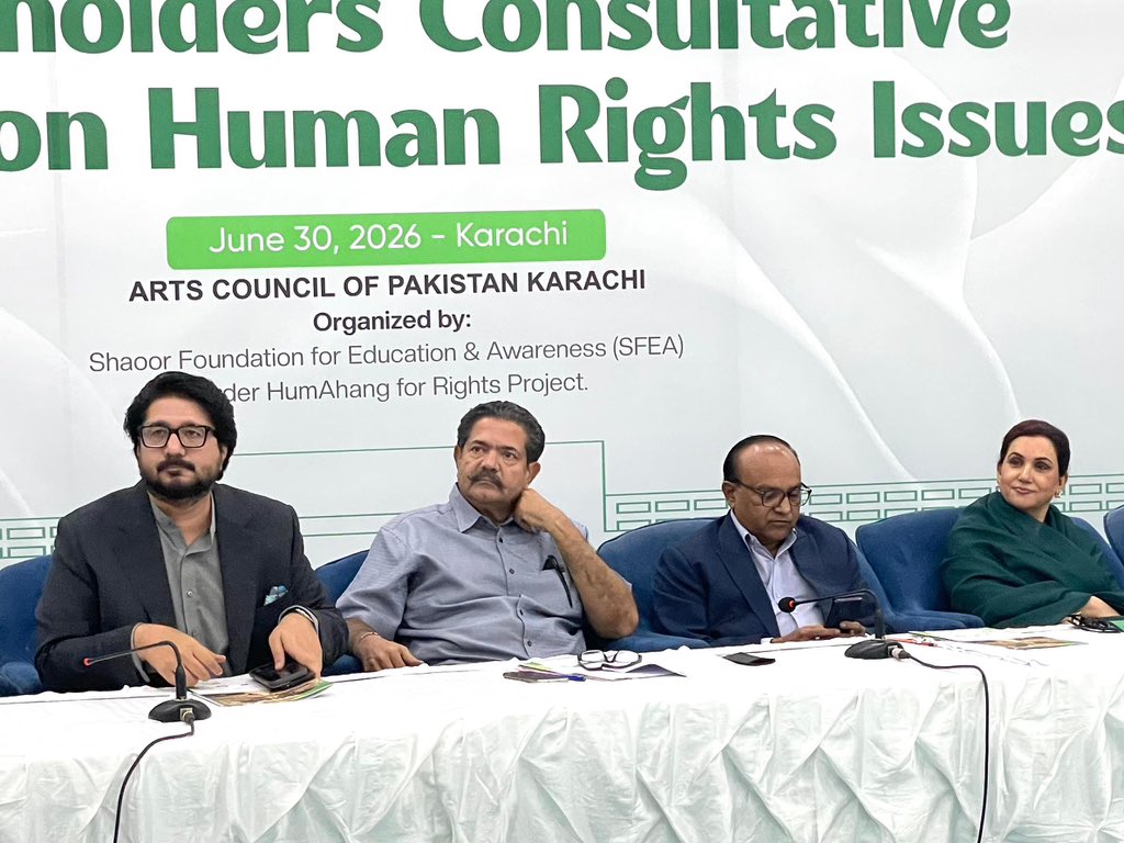 Mahezz's tweet photo. Honored to participate in the Provincial Consultative Session on Human Rights under the HumAhang for Rights initiative, organized by the Shaoor Foundation for Education & Awareness (SFEA) at the Arts Council of Pakistan, Karachi.

I shared my perspective as an opposition parliamentarian on the responsibility of legislators to protect constitutional rights and stressed that minority rights are human rights. Strong laws must be matched with effective implementation, accountability, and equal opportunities for every citizen.

#HumanRights #HumAhangForRights #SFEA #MaheshKumarHasija #SindhAssembly #MinorityRights #Equality #Karachi