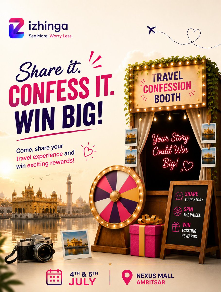 izhinga_'s tweet photo. Your travel stories deserve to be heard.

Visit the Izhinga Travel Confession Booth, share your most unforgettable travel experience, and get a chance to win exciting rewards! 

📍 Nexus Mall, Amritsar
📅 4th &amp; 5th July

Come with your stories.. https://t.co/po7t8d4wnA