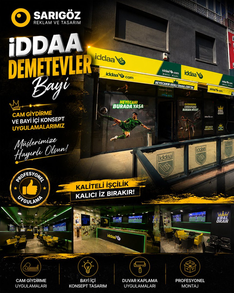 sarigoztasarim's tweet photo. ✨ Demetevler İddaa Bayi Konsepti Sarıgöz Reklam ve Tasarım İmzasıyla! 💛💚

Markanızın dikkat çekmesini sağlayan, müşterilerinizin ilk bakışta fark edeceği profesyonel uygulamalarla işletmenize değer katıyoruz. 🚀
#SarıgözReklam #SarıgözTasarım #Reklam #Tabela #CamGiydirme https://t.co/DGz0wWpXlz