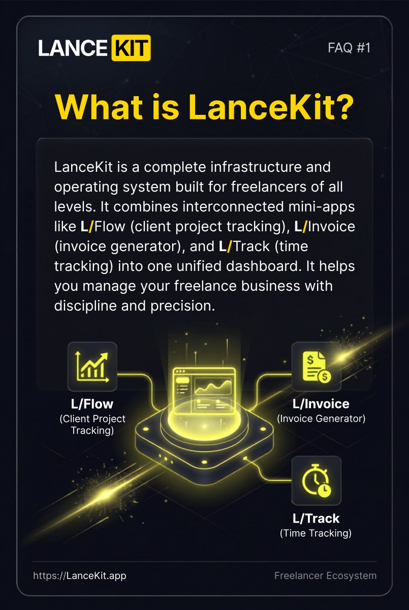 LanceKitApp's tweet photo. 𝗪𝗵𝗮𝘁 𝗶𝘀 𝗟𝗮𝗻𝗰𝗲𝗞𝗶𝘁?

#LanceKit is a complete infrastructure and operating system built for freelancers of all levels. It combines interconnected mini-apps like 𝗟/Flow (client project tracking), 𝗟/Invoice (invoice generator), and 𝗟/Track (time tracking) into one.. https://t.co/q7YcowS4ax