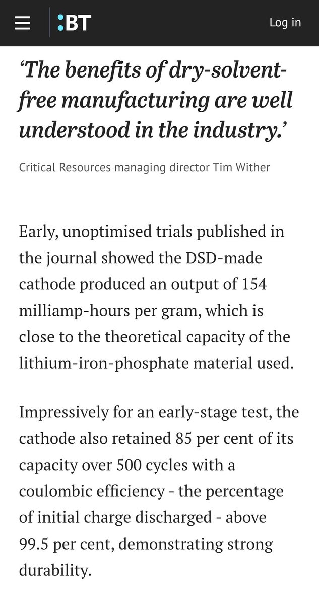 YellowStripeASX's tweet photo. $CRR $26M MC $CRR #SolidState #BatteryTech News on @brisbanetimes today👇💥
⏩️@Critical_CRR has scored a significant third-party endorsement for its #SolidStateBattery program, after its optioned dry supersonic deposition, or “DSD”, cathode technology was validated in the peer-reviewed international journal Electrochimica Acta⏪️
⏩️DSD is a solvent-free and binder-free manufacturing method that builds a battery cathode in a single dry step⏪️
⏩️ $CRR technique removes the costly, toxic & energy-intensive stages of conventional “slurry” based manufacturing, which requires mixing materials with solvents and binders before coating them and baking them in large, high-temperature ovens⏪️
https://t.co/8mY8h7FFUs