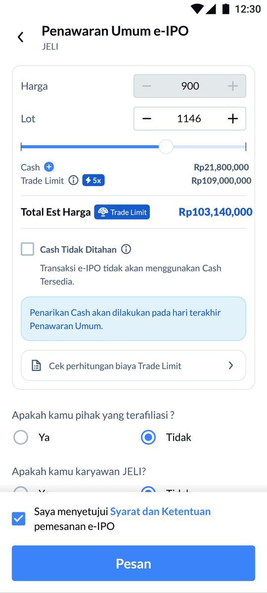 Dimaswjaya27's tweet photo. Makin dipakai makin ngerti kenapa banyak trader bilang Ajaib itu King of Leverage. Bukan cuma karena ada Petir. Tapi karena IPO aja udah bisa pakai Trade Limit. Jadi leverage bukan cuma buat ngejar listing day, tapi udah kepakai dari awal proses. https://t.co/y154I9bZU1