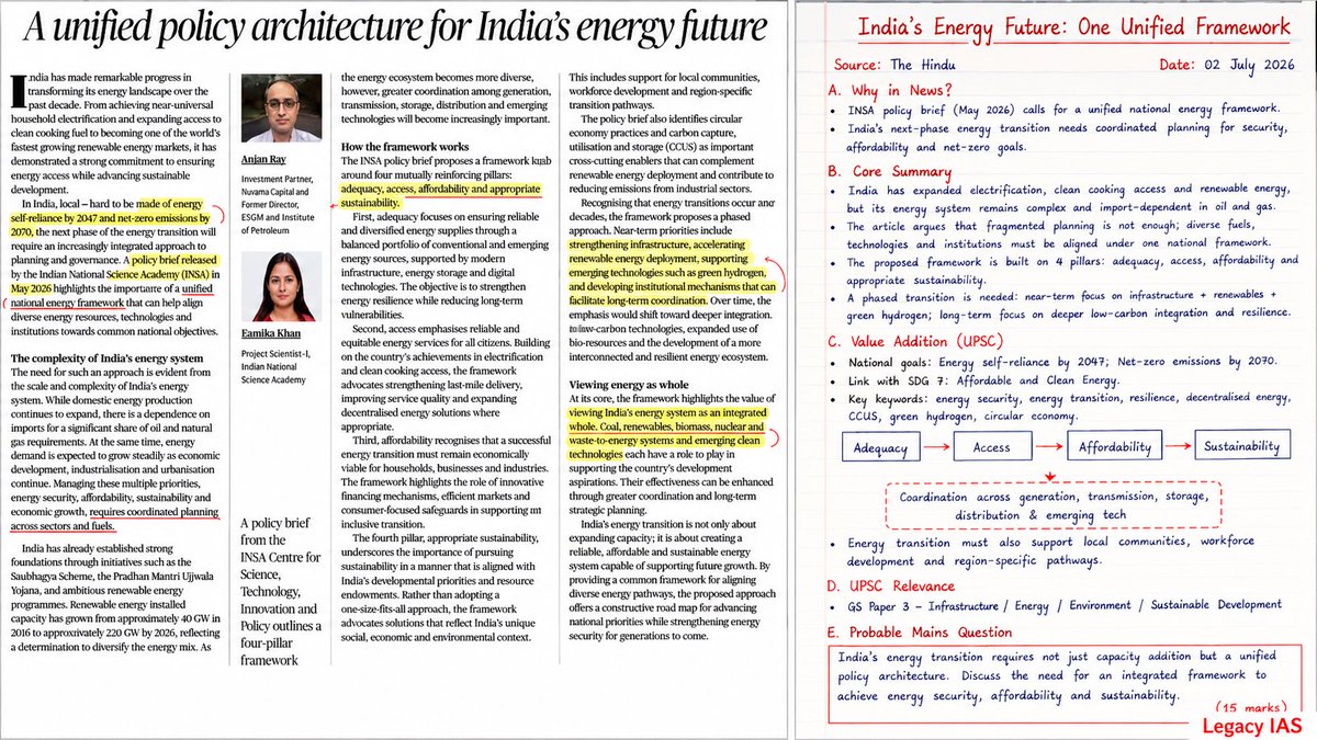 Legacy_ias's tweet photo. A very detailed article on India's Energy future. 

Important points highlighted as well as shared as short notes. 🗒️ https://t.co/PyI1wrRrkH