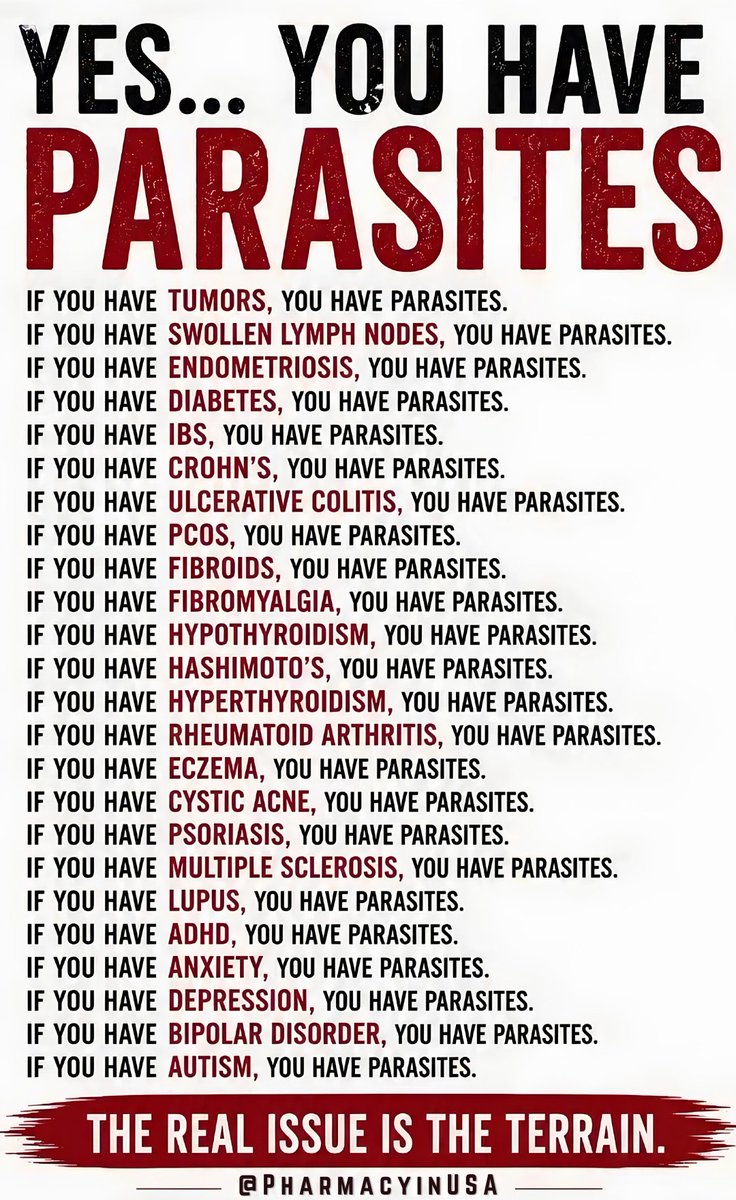 pharmacyinusa's tweet photo. ⚠️ Many people are now talking about parasites and chronic illness.

This graphic highlights a growing belief in the wellness community: That parasites may play a role in a wide range of health conditions, from digestive issues and autoimmune disorders to skin problems, hormonal imbalances, and even neurological symptoms.

While not every condition listed is directly caused by parasites, many practitioners and individuals believe that addressing parasitic infections can lead to significant improvements in overall health, especially when the body’s internal environment (the “terrain”) is compromised.

This is why parasite cleansing protocols using compounds like Ivermectin and Fenbendazole have gained so much attention in recent years.

The idea is simple: If parasites are contributing to your symptoms, clearing them may help your body heal more effectively.

Of course, everyone’s situation is different. If you're dealing with ongoing health issues, it’s always best to do your own research and consult with a healthcare professional.

If you're exploring parasite cleansing and want clean, pharmaceutical-grade options, many people are choosing @PharmacyinUSA