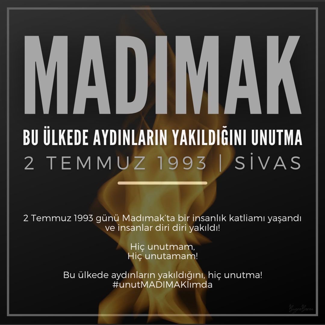 alimahir's tweet photo. Tarihimizin en acı günlerinden, yüreğimizde hiç dinmeyecek bir acı olarak kalacak #SivasKatliamı'nda yitirdiğimiz, dillerinde ve yüreklerinde kardeşlik türkülerinden başka bir şey bulunmayan canlarımızı saygı ve hüzünle anıyorum.

#unutMADIMAKlımda https://t.co/KLZ6BHyCpn