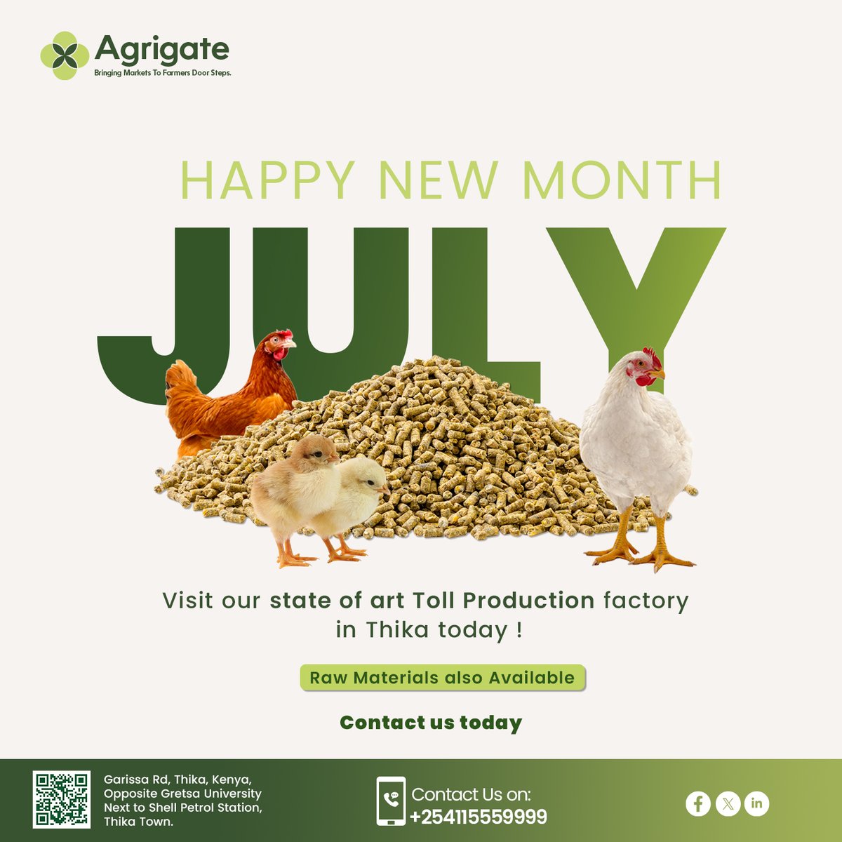 AgrigateKenya's tweet photo. Happy New Month, July! ✨ 
Ready to revolutionize your feed production? Visit Agrigate's state-of-the-art Toll Production factory in Thika!
Raw materials also available. 
Call +254115559999! 
#AgrigateNetwork #HappyNewMonth #July #TollProduction #Thika #Senegal https://t.co/JdyHYHH5gB