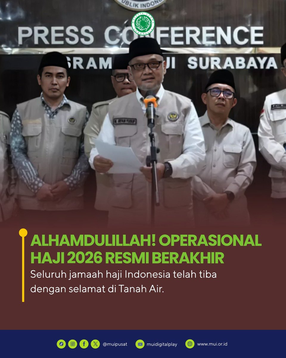 muipusat's tweet photo. Kabar gembira bagi kita semua! Seluruh jamaah haji Indonesia kloter terakhir telah tiba dengan selamat di Tanah Air. Ini menandai berakhirnya seluruh rangkaian operasional penyelenggaraan ibadah haji tahun 2026.

Terima kasih yang tak terhingga kepada seluruh elemen petugas haji yang telah bekerja keras tak kenal lelah melayani para tamu Allah sejak awal keberangkatan. Selamat berkumpul kembali dengan keluarga tercinta untuk para jamaah. Semoga menjadi haji yang mabrur dan mabrurah! 

Ada keluarga atau kerabat Anda yang berangkat haji tahun ini?

#MUI #Haji2026 #InfoHaji #JamaahHajiIndonesia #HajiMabrur