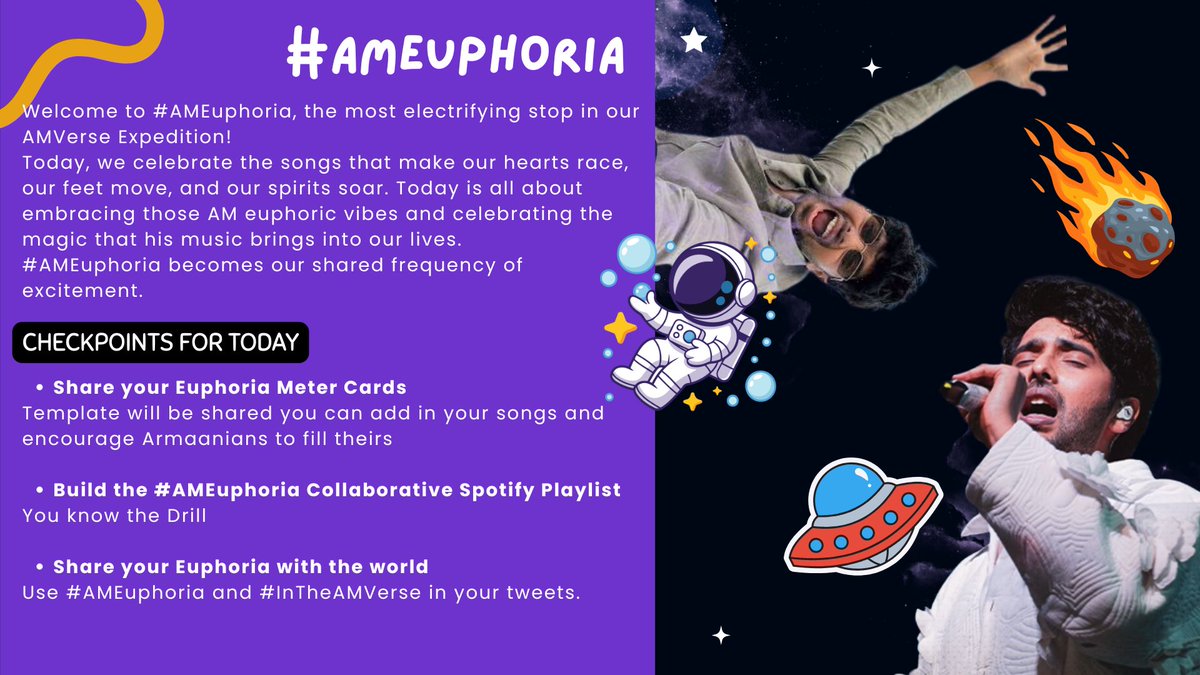 ShivaniPatel23's tweet photo. @ArmaanMalik22 #Armaanians, today is #AMEuphoria day. @ArmaanMalik22’s music has always made us feel euphoric, today we will be discussing them!
#AMEuphoria meter templates in next tweets!
Spotify collaborative playlist link(add one song):
https://t.co/4SGxbefQL6
#InTheAMVerse https://t.co/06ZW6P1XCV