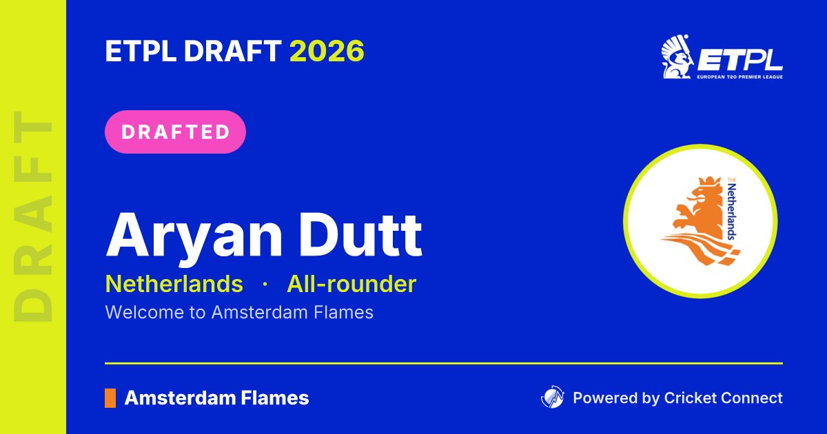 CricConnectAI's tweet photo. 🏏 ETPL Draft 2026 — Round 4, Pick #24
Amsterdam Flames select @aryandutt77 (Netherlands · All-rounder).
Welcome to the ETPL! 🎉

#ETPL #ETPLDraft2026 #CricketConnect https://t.co/6HVfDXKSb3 https://t.co/KKkIKXB2bK