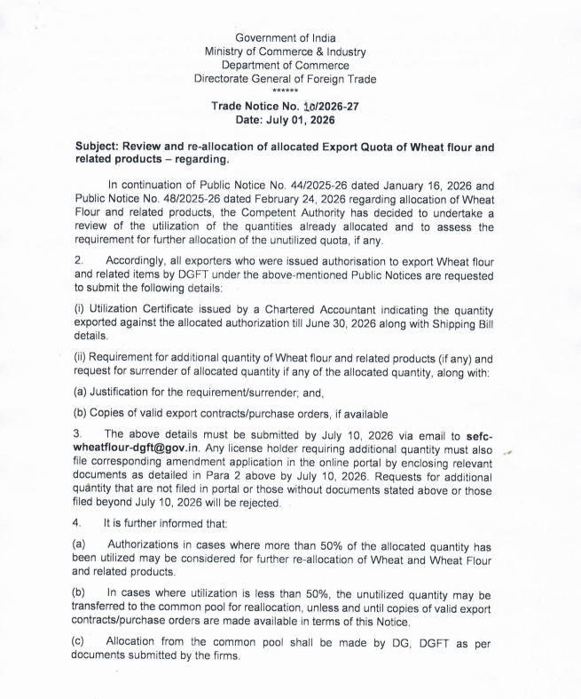 Agrinfo101's tweet photo. Wheat Export Quota Allocation _Malpractices by the Indian #Wheat Industry 

This whole process of wheat and wheat products export in India looks like a joke.

In public notice number 49 dated 24th February, there was a clear condition that the export quota would be allocated only against confirmed export contracts. As per market sources, when the first 25 LMT of exports was permitted, applications were received against 75–80 LMT (I dont have a proof for this number) of confirmed export contracts.

Logically, a pro-rata allocation was made, and exporters were allotted only 25 LMT.

Now the real questions arise.

If 75–80 LMT of export contracts were indeed genuine, did Indian exporters default on the remaining 50–55 LMT of contracts? 

If they did not default, then what happened to those export orders? Why has there been no discussion or concern about them?

In contrast, during the 2022 wheat export ban, the quantity affected was barely around 20 LMT, yet exporters across the country were running behind DGFT and the entire industry was in turmoil.

If nothing happened to the remaining 50–55 LMT of contracts this time, then another obvious question arises: were some of these export contracts merely created to obtain export quota?

If the contracts were genuine, why has India not even exported 10% of the allocated quantity so far?

These are serious questions that raise eyebrows over the entire allocation process. 

Indian wheat Industry is using unfair practices and no one is there to raise even a single question.
Our media experts are happy to attend shiny events and become moderators

 @Manisha3005 @MrituenjayZee @dgftindia @fooddeptgoi @rahilshaikhMEIR @geoajeet @ruralvoicein @rajesh10sharma @gaurav_kochar @ziahaq @ndtv @ZeeNews 

A severe punishment is required by Govt to these fake documentation

Instead of simply allowing holders of unused quotas to retain or seek fresh allocations, the Government should verify the authenticity of the contracts submitted at the time of allocation. 

If any exporter obtained quota on the basis of fake or non-genuine contracts, strict action should be taken against them.
