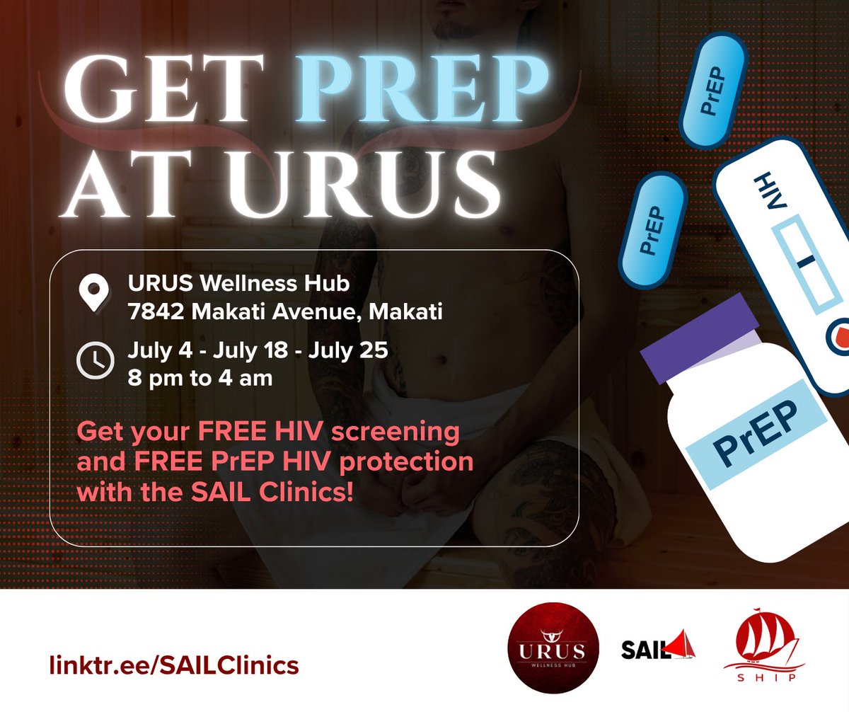 SailClinics's tweet photo. Meet SAIL at @UrusWellness for your #PreP! ♉
We'll be at Urus Makati on the Saturdays of
⭕️ July 4
⭕️ July 18
⭕️ July 25
8 pm to 4 am
So you can get your free HIV screening and free PrEP, with SAIL. 😉
#TogetherWeSAIL with PrEP at Urus ⛵
https://t.co/FE8O0InXLO https://t.co/qSqmCBW4SN
