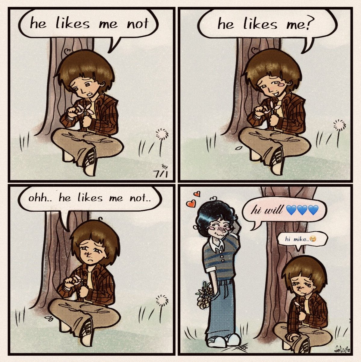 felinqitaa's tweet photo. Will misunderstands the petal-picking game (read left to right) #byler #miwi #comic! https://t.co/LdVN3YKdxE