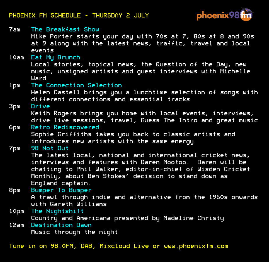 phoenixfm's tweet photo. Today's schedule on Phoenix FM - #communityradio for #Brentwood and #Billericay

@luckybitches @dtmootoo @GWphoenix 

Tune in on 98.0FM, DAB, Mixcloud Live or on our website! https://t.co/SkzPfzZMaj