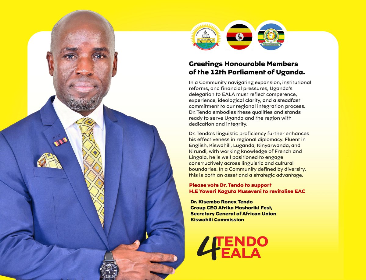 Mwijukyeivan's tweet photo. If we believe in one people, one market, and one destiny, let us also support leaders who are dedicated to turning that vision into reality.
Endorse Tendo. Strengthen the EAC. Shape the future.
#SupportTendo #EACIntegration #OnePeopleOneDestiny #EastAfricaRising  #Tendo4EALA https://t.co/0TNYxCUvXt
