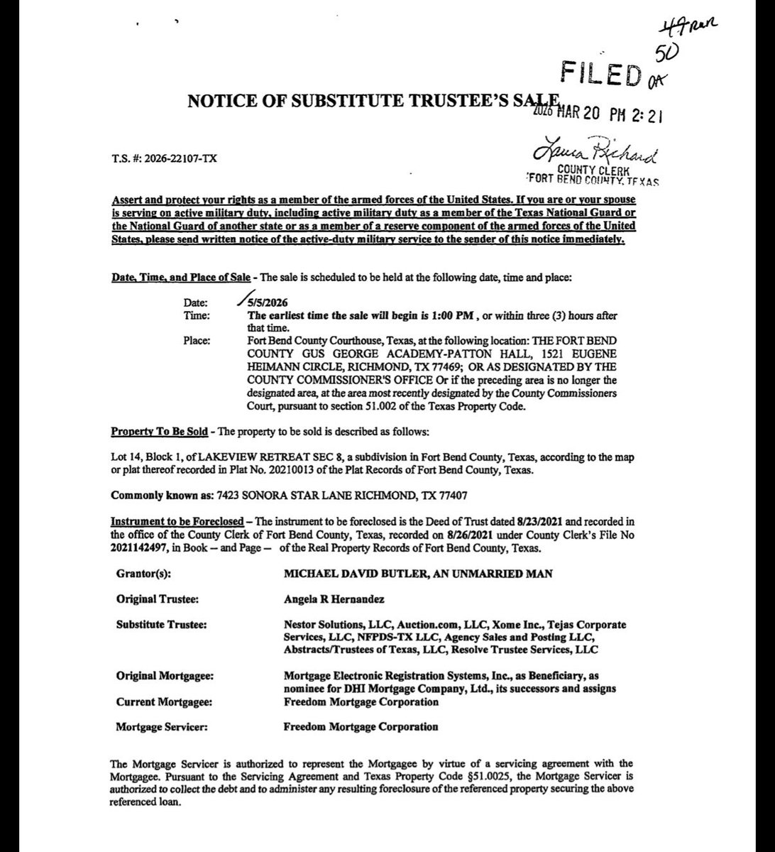 wholemars's tweet photo. It appears that Micheal Butler, the man who killed a woman when he crashed his car into a home in Katy, Texas had his home foreclosed on and sold the month before the crash. 

The house he hit was just 7 miles away from the home he lost in foreclosure. 

These public records have prompted speculation that Butler may have been having financial issues, may have tried to concoct a story to total the Tesla to get out of his car loan (insurance fraud gone wrong), or may have attempted suicide. 

Butler has now been charged with manslaughter.