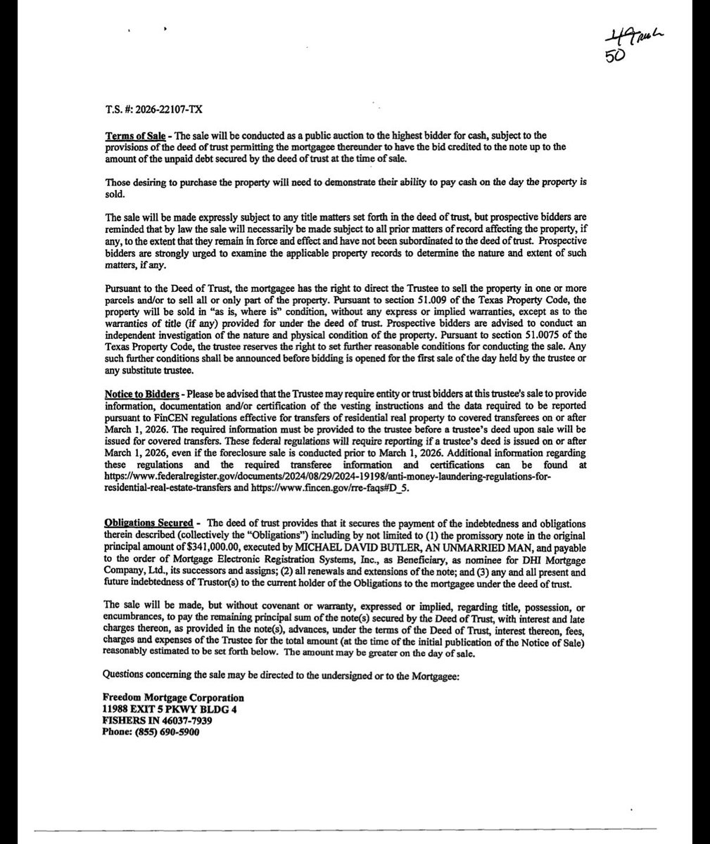 wholemars's tweet photo. It appears that Micheal Butler, the man who killed a woman when he crashed his car into a home in Katy, Texas had his home foreclosed on and sold the month before the crash. 

The house he hit was just 7 miles away from the home he lost in foreclosure. 

These public records have prompted speculation that Butler may have been having financial issues, may have tried to concoct a story to total the Tesla to get out of his car loan (insurance fraud gone wrong), or may have attempted suicide. 

Butler has now been charged with manslaughter.