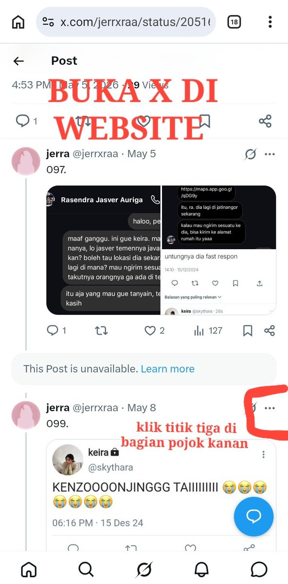 jerrxraa's tweet photo. Tutorial Baca Part AU yang Hilang 

1. Buka X di website 
2. Buka AU yang mau dibaca. Ketika nemu part yang postingan tidak  tersedia, pencet titik tiga horizontal bagian pojok kanan 
3. Klik Embed Post
4. Klik Embedded Post
5. Klik Part AU yang Hilang (nanti muncul) https://t.co/x0u7UM7Sjq