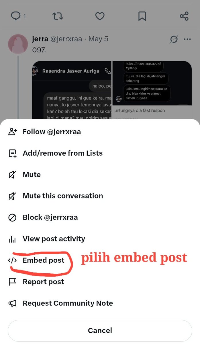 jerrxraa's tweet photo. Tutorial Baca Part AU yang Hilang 

1. Buka X di website 
2. Buka AU yang mau dibaca. Ketika nemu part yang postingan tidak  tersedia, pencet titik tiga horizontal bagian pojok kanan 
3. Klik Embed Post
4. Klik Embedded Post
5. Klik Part AU yang Hilang (nanti muncul) https://t.co/x0u7UM7Sjq
