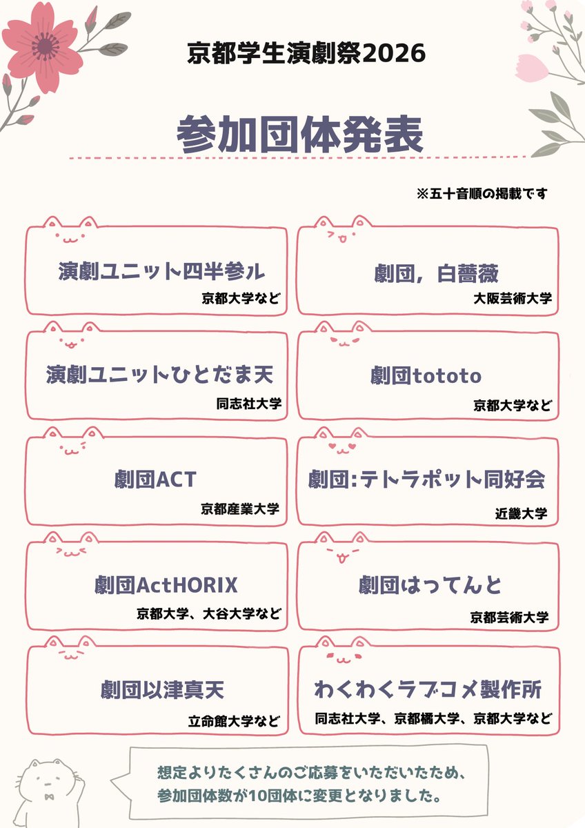 KST_fes's tweet photo. 🎉 京都学生演劇祭 参加団体発表 🎉

お待たせしました！
今年の京都学生演劇祭に参加する団体を発表します📢✨

参加団体の詳細は画像をご覧ください👇

今年も学生演劇ならではの熱量あふれる舞台をお届けします🔥
どうぞお楽しみに！

#京都学生演劇祭2026 https://t.co/6VN5Ml66Vx