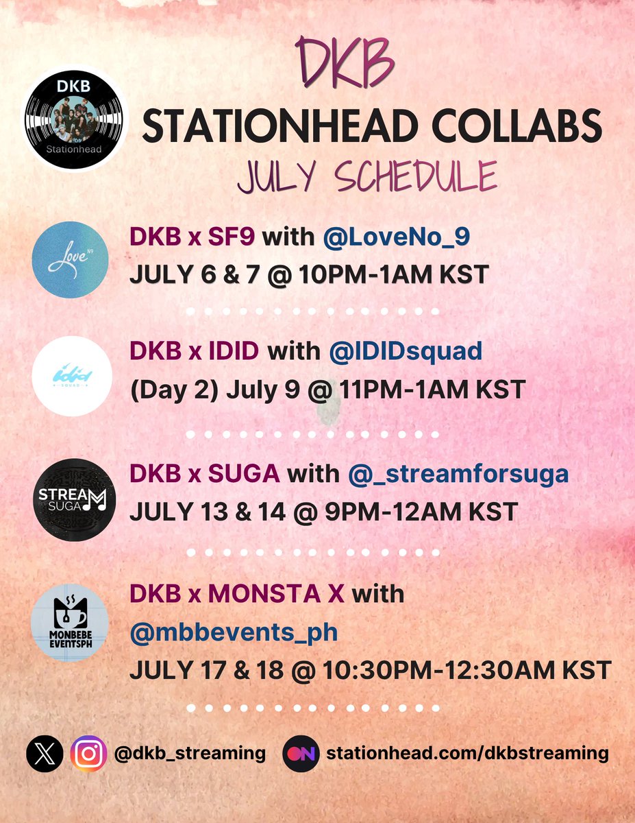 DKB_Streaming's tweet photo. [📻 STATIONHEAD COLLAB]
#DKB Streaming Party Schedule - JULY
🎉🎉

DKB x SF9 @LoveNo_9
📅 JULY 6 &amp; 7 @ 10PM KST

DKB x IDID @IDIDSQUAD
📆 July 9 @ 11pm KST

DKB x SUGA @_streamforsuga 
📅 JULY 13 &amp; 14 @ 9PM KST

DKB x MONSTA X @mbbevents_ph 
📅 JULY 17 &amp; 18 @ 10:30PM AM KST

⬇️ https://t.co/C5oVzWdUVu