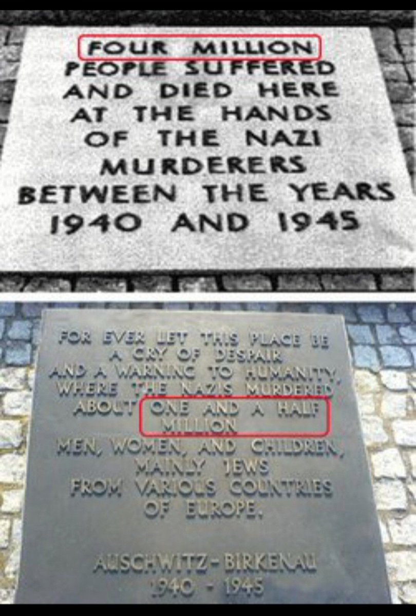 Classicist9999's tweet photo. ✡️🇮🇱🕎🇵🇱🇩🇪✝️⚡️⚡️These two plaques commemorate the 'Holocaust' victims at Auschwitz 'death camp' in Poland. The earlier plaque lists four million victims, while the later one lists one and a half million.

This number has been revised — pay close attention — seven times, and each revision has unexpectedly lowered the estimate. Hmm...🤔

The link below shows the latest number.👇

Follow @Classicist9999: 'Holocaust,' WW2, Hitler, Churchill, Stalin, jews, geopolitics, history, 12 million shoes and 6 million jews

https://t.co/Su0l4GAMYW