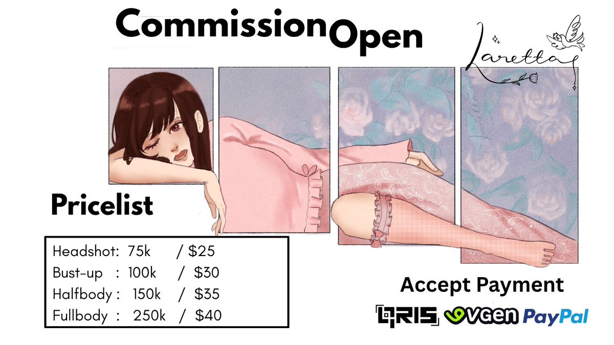 Larettarz's tweet photo. ⋆˙⟡ Open Commission ⟡˙⋆ 
[♡ + ↻ are very appreciated!]  

Hiii, I open commission for this month only for 5 slots! Dm me if you're interested. 
The link of my VGen and commissiongg will be in the comment section.

#Commissionopen #zonajajan https://t.co/i0QthXDcfv