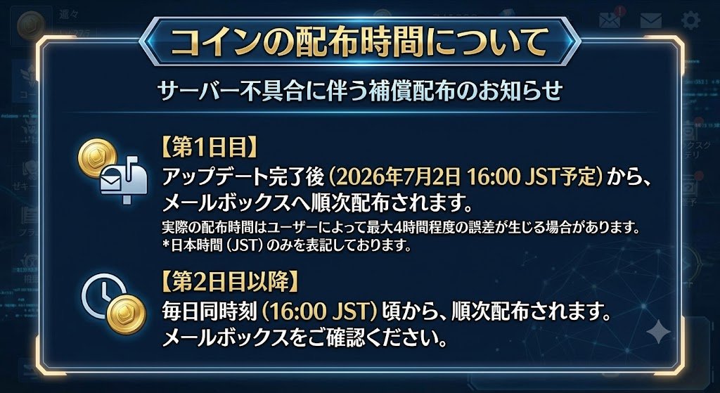Task160's tweet photo. 📢 タスクバーヒーロー 公式アナウンス 📢
【サーバー障害補填のコ��ン配布について】

公式より、補填アイテム（記念コイン）
の具体的な配布時間が発表されました！⏰

🎁 1日目の配布開始
本日 **7月2日(木) 16:00（日本時間）**のアップデート以降、
順次メールボックスへ配布されます。
※プレイヤーごとにシステム上の配布タイミングが���なり、
最大で4時間ほどの時差が発生する場合があるとのことです。
届いていなくても少し待ってみましょう！

🎁 2日目以降の配布
明日以降も、毎日同じ時間帯（16:00〜）に順次配布が行われます。

#タスクバーヒーロー #TBH