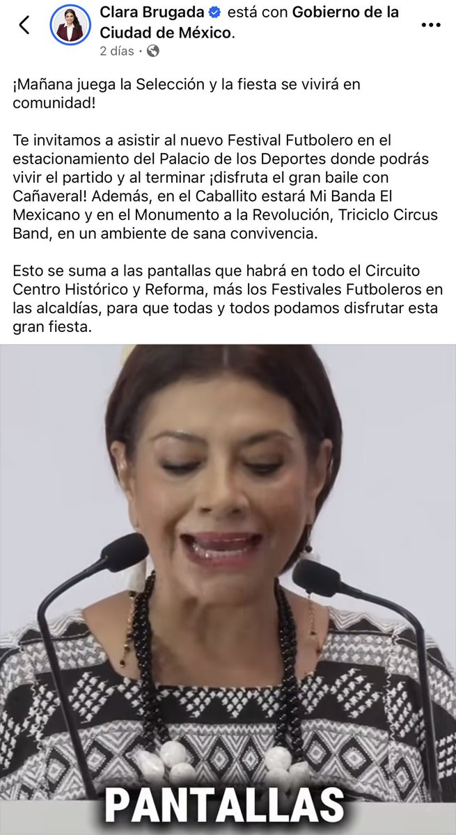 JJDiazMachuca's tweet photo. Debería renunciar. No puede deslindarse de cuatro muertes.

Oiga, @ClaraBrugadaM, ¿quién fue la que invitó a miles de personas a asistir a la “fiesta del fútbol”, anunció más pantallas, música y actividades?

Hoy dice que pidió evitar las aglomeraciones. Su propio video dice lo contrario. La responsabilidad no se borra con mentiras en una conferencia de prensa.

¡Mañana juega la Selección y la fiesta se vivirá en comunidad!

Te invitamos a asistir al nuevo Festival Futbolero en el estacionamiento del Palacio de los Deportes donde podrás vivir el partido y al terminar ¡disfruta el gran baile con Cañaveral! Además, en el Caballito estará Mi Banda El Mexicano y en el Monumento a la Revolución, Triciclo Circus Band, en un ambiente de sana convivencia.

Esto se suma a las pantallas que habrá en todo el Circuito Centro Histórico y Reforma, más los Festivales Futboleros en las alcaldías, para que todas y todos podamos disfrutar esta gran fiesta.
