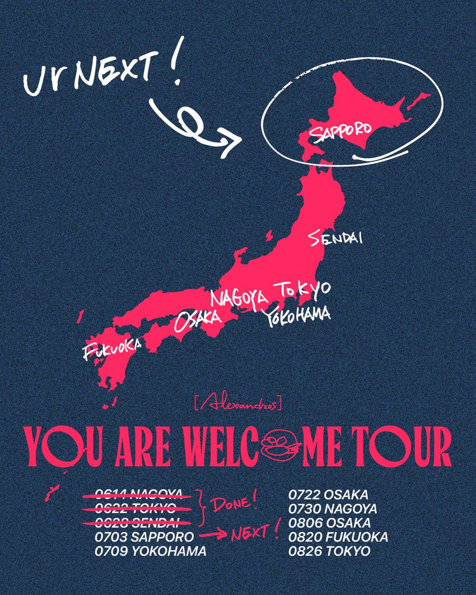 alexandroscrew's tweet photo. 【本日はこちら】

2026.7.3
YOU ARE WELCOME TOUR
at Zepp Sapporo

OPEN 18:00 / START 19:00
https://t.co/d5X0jW5OTk

18:00より会場正面 当日券売場にて当日券を販売します。
スタンディング ¥9,900 (税込)

#Alexandros #YAWTOUR https://t.co/8sWZQF4OE1
