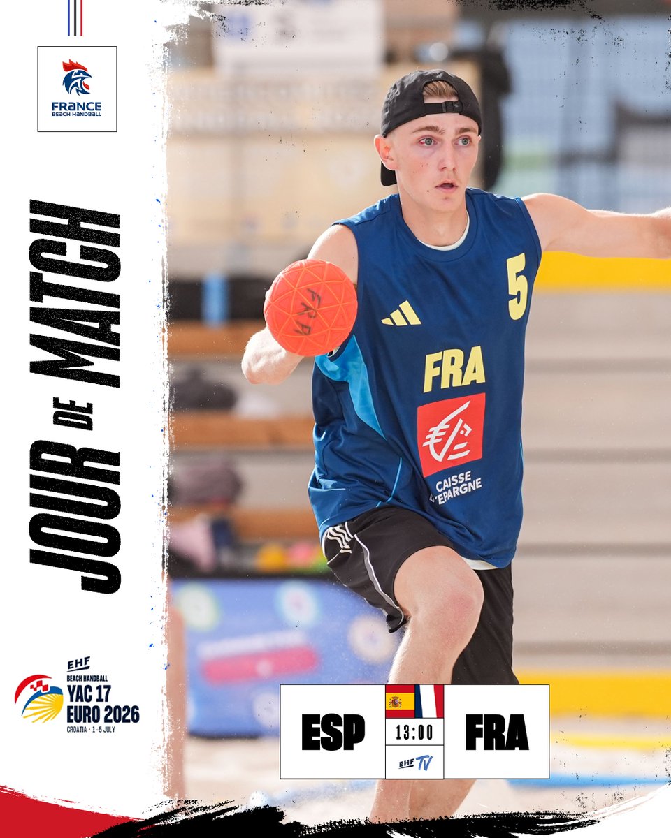 ffhandball's tweet photo. Jour de matchs ! 🏖️🔥
 
Derniers matchs du tour préliminaire pour nos équipes de France Jeunes à l'EHF EURO 2026 en Croatie 🇭🇷💙
 
🇪🇸 ESP ⚡️ FRA 🇫🇷 | 13:00
🇩🇪 ALL ⚡️ FRA 🇫🇷 | 19:00
 
📺 Tous les matchs sur EHFTV
 
#BleuetFier #BeachHandball #YAC17 #EHFEuro2026 https://t.co/JQZ1v9KDlT