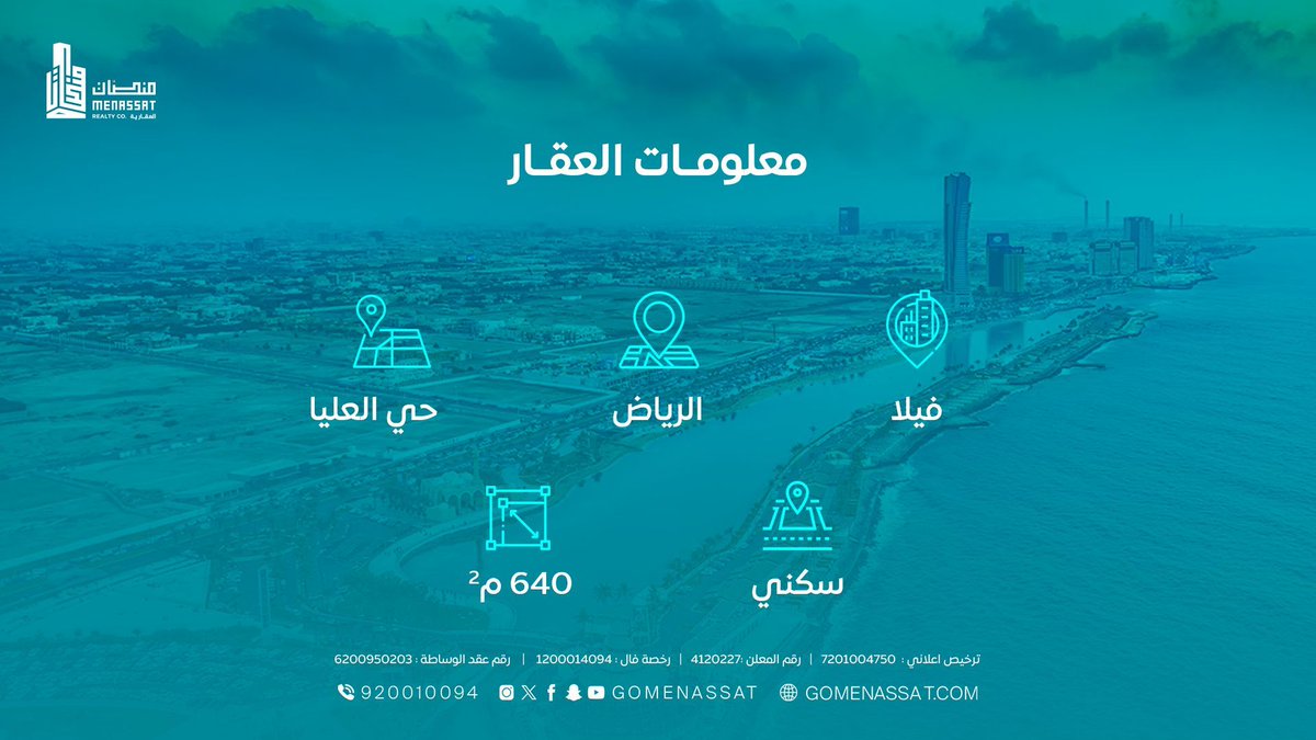 gomenassat's tweet photo. فيلا سكنية للبيع | الرياض- حي العليا📍 
✅️ بمساحة 640 م2.
✅️ تقع على شارع ابن الشواء.
✅️ بالقرب من شارع العليا.

🔵 الملف التعريفي الخاص بالعقار 🔵 
https://t.co/EvCV7Xdiy0  

🔵 تصفح العقارات الأسبوعية المدرجة 🔵 
https://t.co/U7SuLyOsGu 

أو تواصل معنا, فريقنا بانتظارك:
📞 920010094
📱 0506698866
📱 0536307766
📱 0537357766 

#منصات #مستقبل_الخدمات_العقارية #فيلا_للبيع #الرياض #حي_العليا #عقارات_الرياض