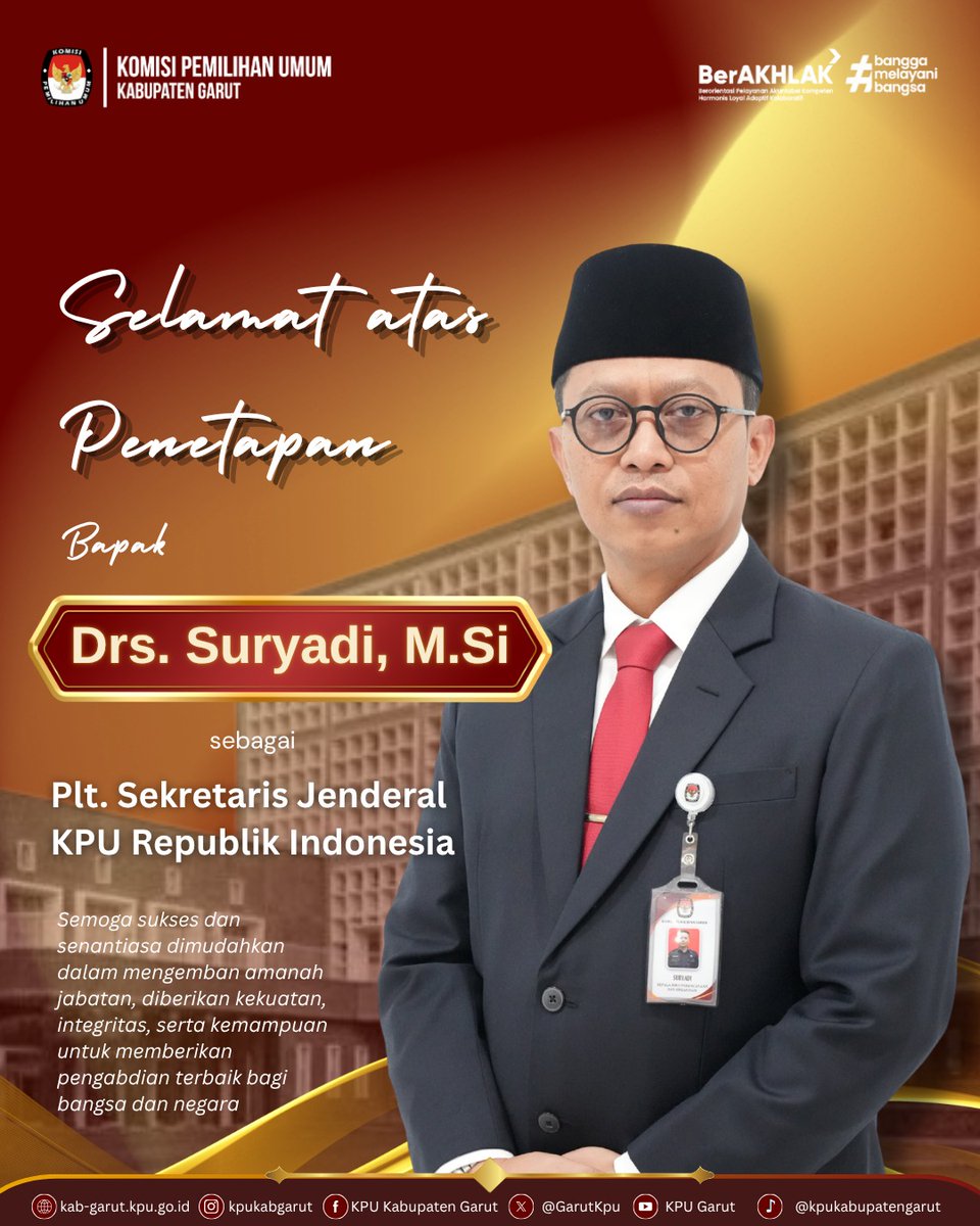 GarutKpu's tweet photo. #TemanPemilih, KPU Kabupaten Garut mengucapkan selamat dan sukses kepada Bapak Drs. Suryadi, https://t.co/8COrpblLe6. atas penetapannya sebagai Pelaksana Tugas (Plt.) Sekretaris Jenderal Komisi Pemilihan Umum Republik Indonesia. https://t.co/7REoF8aaiK