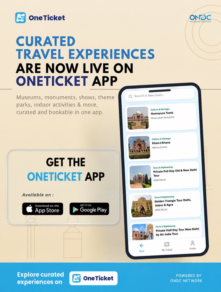 ONDC_Official's tweet photo. ✨ Curated travel experiences are now LIVE on the @OneTicketIndia App!

From museums and monuments to theme parks and cultural attractions, discover and book experiences seamlessly through the ONDC Network.

Download the app and start exploring today.
Link - https://t.co/bWNNk3EPyf

#ONDC #OneTicket #TravelTech #DigitalIndia #TravelExperiences