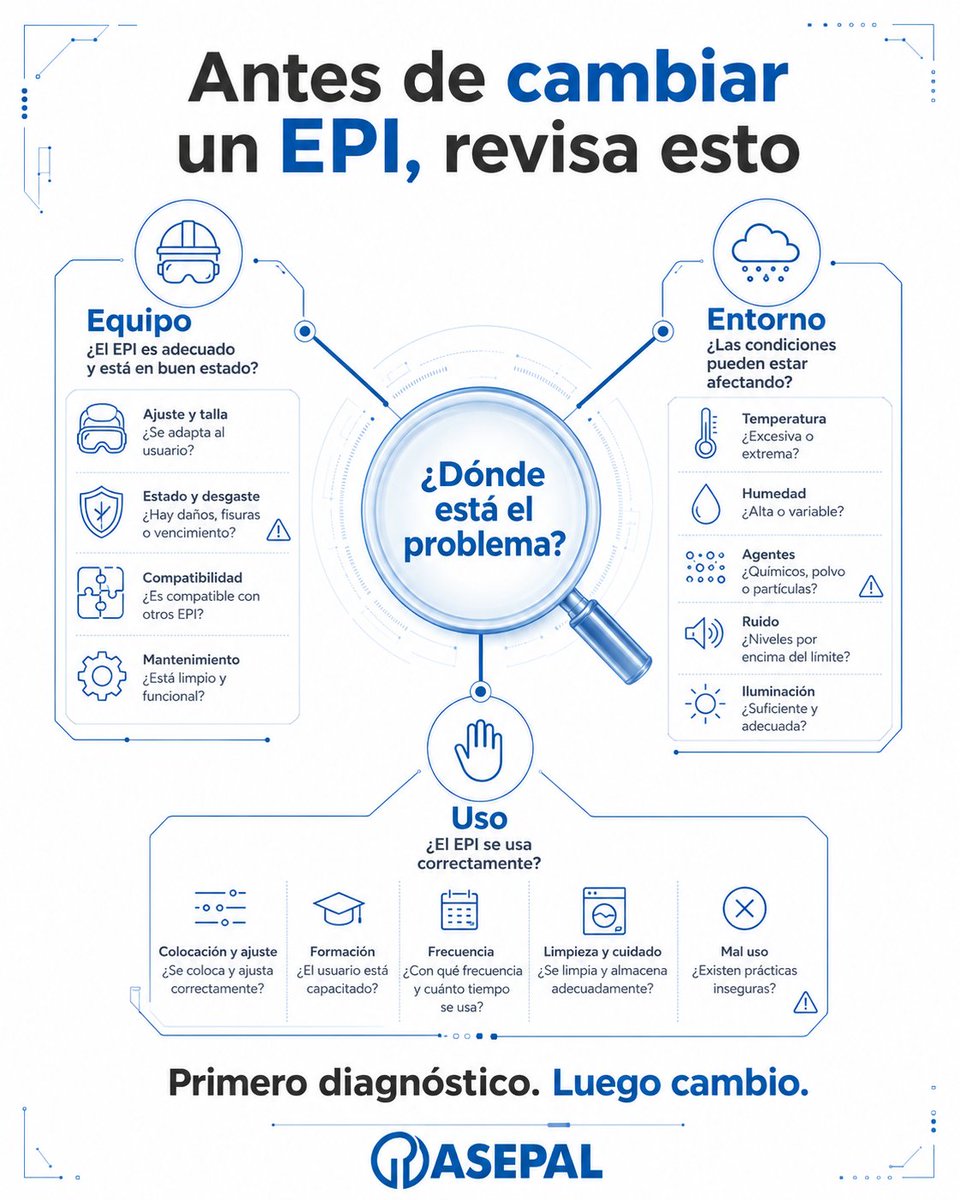 AsepalEPI's tweet photo. Cambiar un EPI rápido no siempre resuelve el problema.

A veces solo cambia de sitio la causa.

Antes de decidir, conviene mirar tres capas: el equipo, el entorno y el uso 🛠️

Ajuste, tarea, formación, mantenimiento y condiciones reales ⚠️

Porque en #EPI, en #prevención y en #seguridad, no todo fallo viene del producto. Y confundir origen con solución suele llevar a decisiones pobres 👀

Primero 𝗱𝗶𝗮𝗴𝗻ó𝘀𝘁𝗶𝗰𝗼. Luego 𝗰𝗮𝗺𝗯𝗶𝗼.

Compártelo con quien toma decisiones de prevención.

#SomosEPI #DiagnosticoEPI #SeguridadLaboral #Prevencion #UsoReal