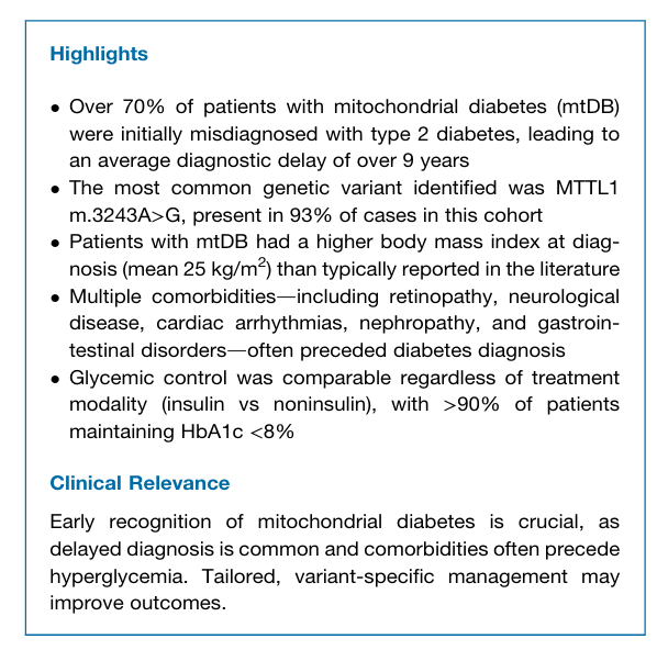 sociedadSEEN's tweet photo. Comprehensive Phenotype and Treatment Description of Mitochondrial Diabetes: Insights From a Large Cohort Study
* La diabetes mellitus mitocondrial se diagnostica con frecuencia erróneamente como diabetes tipo 2 y se asocia con comorbilidades multisistémicas. 
*El diagnóstico precoz y las estrategias de manejo individualizadas son esenciales para mejorar los resultados.
https://t.co/YgOyV3AwsB
@diabeteSEEN
