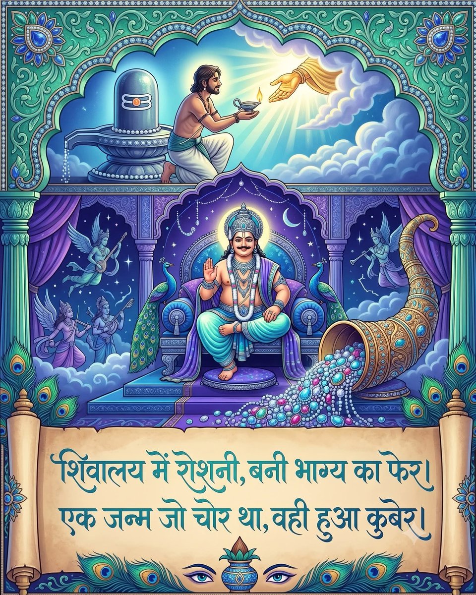 spm694's tweet photo. चोर से कुबेर बनने की अद्भुत लोक कथा :
एक बार गुण निधि नामक एक चोर ने शिव मंदिर में कुछ चुराने के लिए प्रवेश किया, वहाँ घुप्प अंधेरा था, तो देखने के लिए उसने अपने ऊपर का वस्त्र उतार कर जलाया ताकि देख सके कि वहाँ क्या चुराया जा सकता है, वहाँ उसे क्या मिलता, तो बिना कुछ हाथ लगे वो वहाँ से चला गया। वर्षों बाद उसका शरीर पूरा हुआ और अगले जन्म में मात्र कुछ क्षणों के लिए शिवालय में प्रकाश करने के पुण्य के बदले चक्रवर्ती सम्राट बना, उसको जब अपने पिछले जन्म का ध्यान आया तो उसने सोचा जब कुछ क्षणों के लिए मैंने शिवालय में प्रकाश किया और उसके बदले मैं चक्रवर्ती सम्राट बन गया तो मेरे राज्य में तो कई शिवालय हैं वहाँ हर दिन दिया जलवाऊं तो पता नहीं कितना पुण्य कमाऊं। उसने घोषणा की कि उसके राज्य में जितने भी शिव मंदिर हैं वहाँ रोज दिया जला कर प्रकाश किया जाए। वही चक्रवर्ती सम्राट अपने अगले स्वरूप में धन के देवता कुबेर बने। एक क्षण के पुण्य ने एक चोर को कुबेर बना दिया।
🙏 हर हर महादेव 🙏