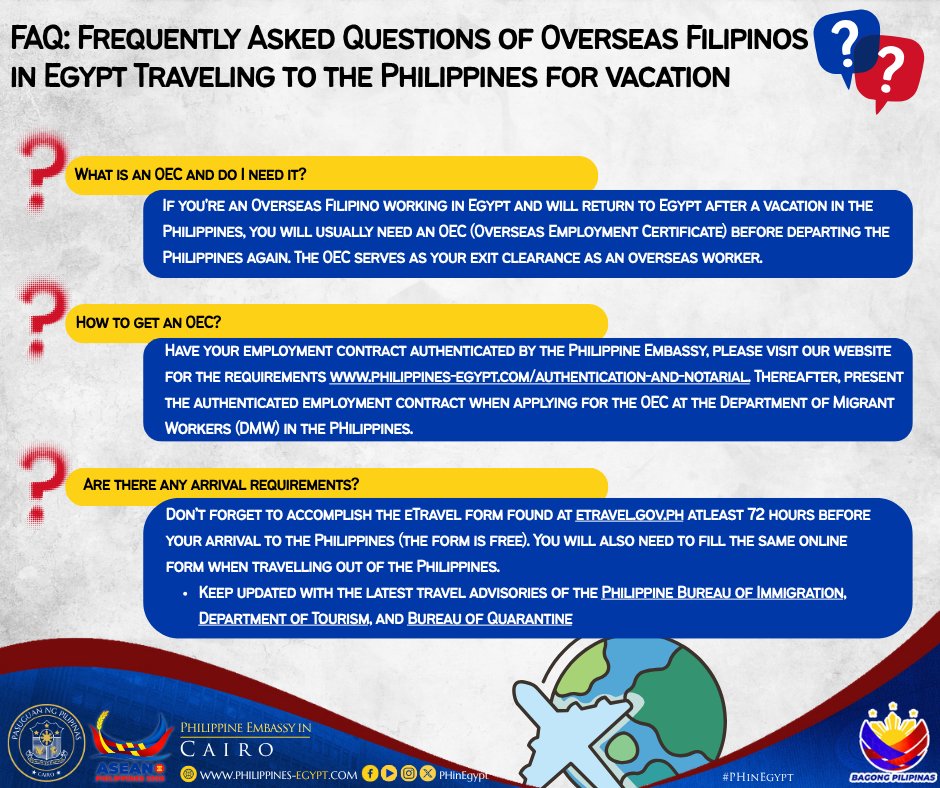 PHinEgypt's tweet photo. 📢 FAQ for Overseas Filipinos in Egypt Traveling to the Philippines for Vacation

Home for the holidays, family visits, or a much-needed break?✈️

Review the FAQs, prepare your documents, and get ready for a smooth journey home.

#PHinEgypt https://t.co/iIVGQuGBno