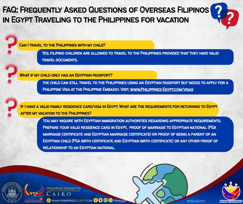 PHinEgypt's tweet photo. 📢 FAQ for Overseas Filipinos in Egypt Traveling to the Philippines for Vacation

Home for the holidays, family visits, or a much-needed break?✈️

Review the FAQs, prepare your documents, and get ready for a smooth journey home.

#PHinEgypt https://t.co/iIVGQuGBno