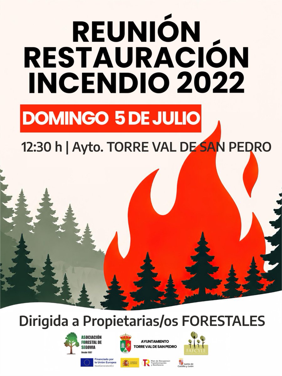 fafcyle's tweet photo. 🔥 Seguimos trabajando por la recuperación de los montes afectados por el incendio de 2022 en Segovia.
Celebramos dos reuniones informativas con propietarias/os forestales:
📍 11:00 h | Ayuntamiento de #Navafria 
📍 12:30 h | Ayuntamiento de Torre Val de San Pedro
¡Os esperamos! https://t.co/cvPajPtl23