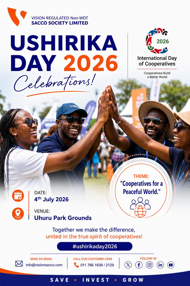 NonWdtSacco's tweet photo. We celebrate the International Day of Cooperatives 2026.
This year's Theme: "Cooperatives for a Peaceful World."
#UshirikaDay2026 #CooperativesForAPeacefulWorld #VisionSacco #SaveInvestGrow #StrongerTogether #CooperativeMovement #FinancialEmpowerment https://t.co/OrZ7SbrAMn